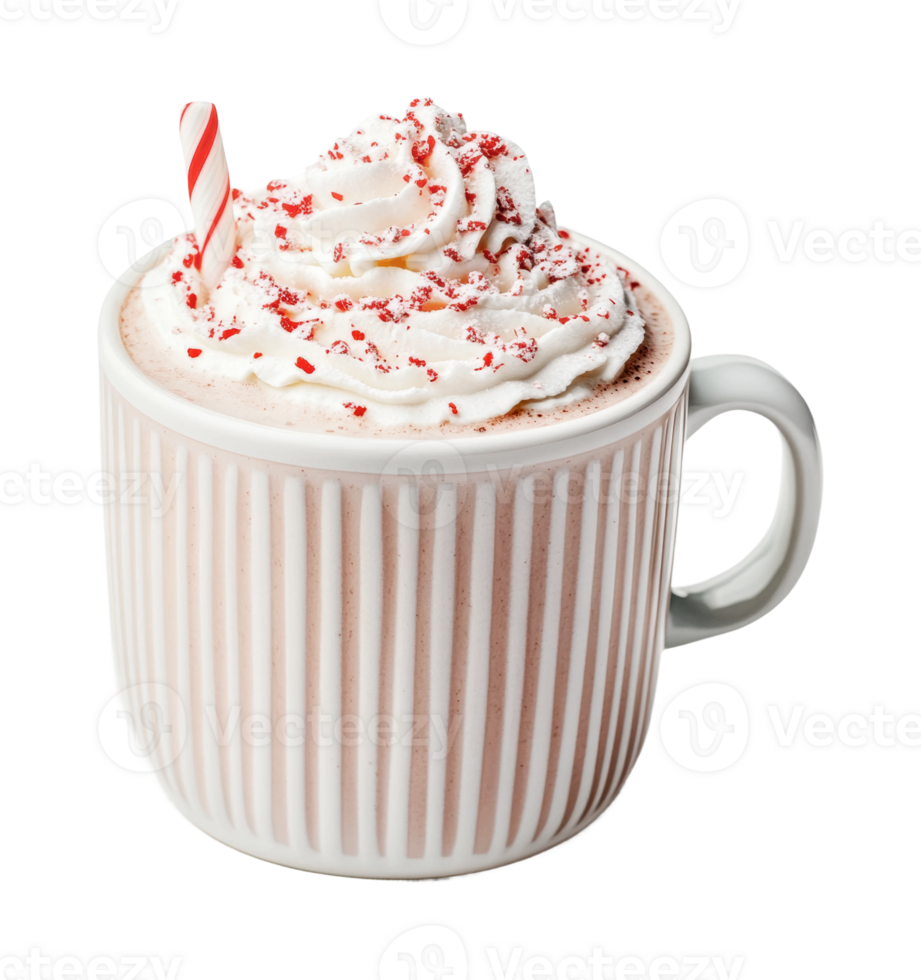 Festive hot chocolate with whipped cream and peppermint stick in a ribbed mug png