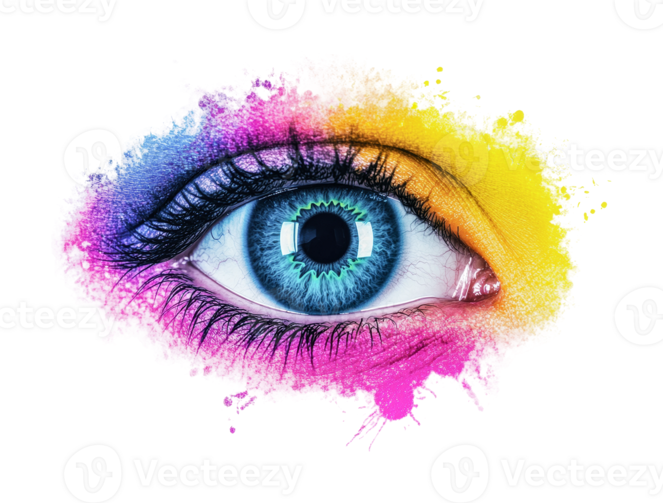 Vibrant artistic blue eye with colorful splash design surrounding the iris png