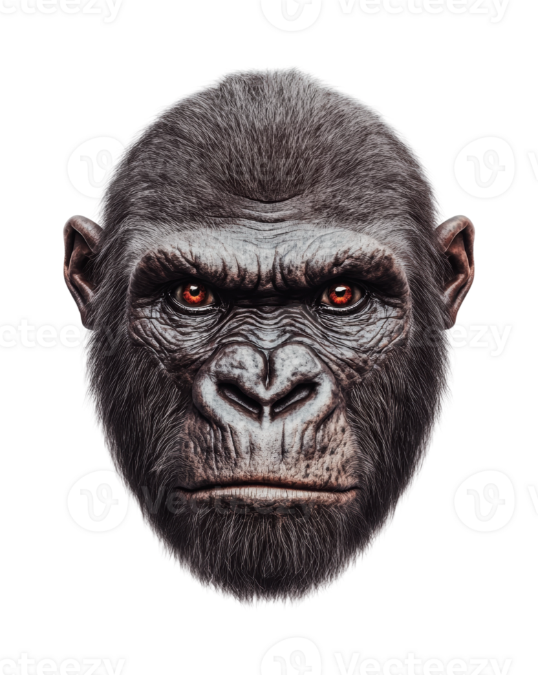 Realistic gorilla face with intense gaze and detailed fur texture png