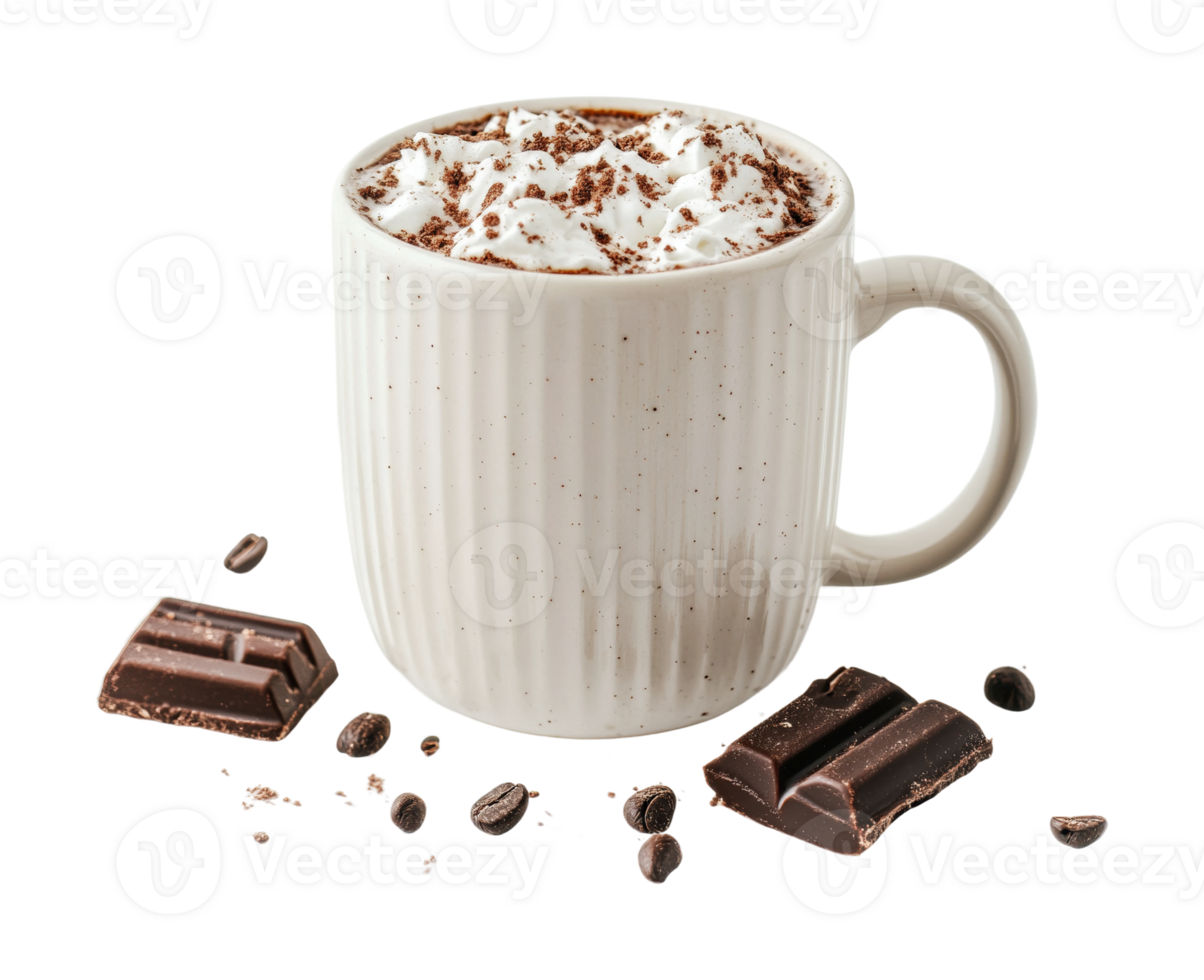 Creamy hot chocolate with whipped cream and chocolate chunks png