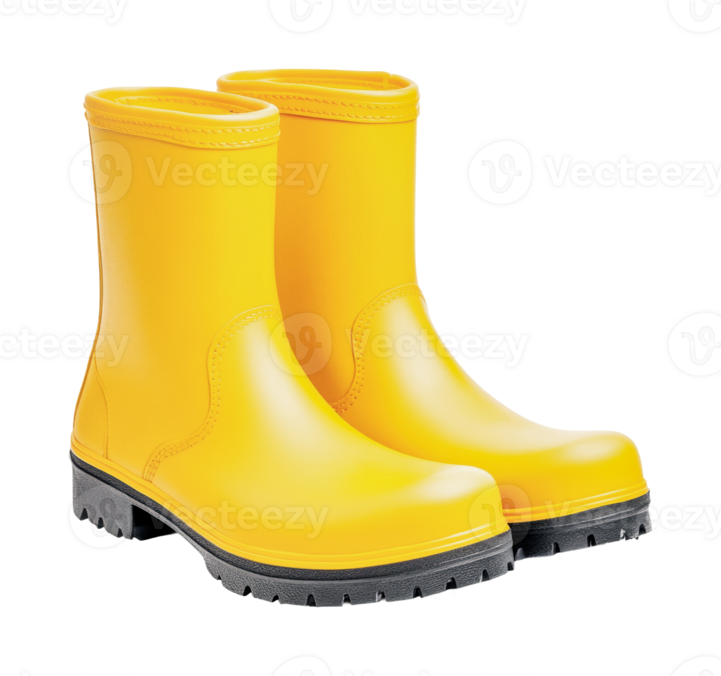 Bright yellow rain boots with rugged soles for outdoor use png
