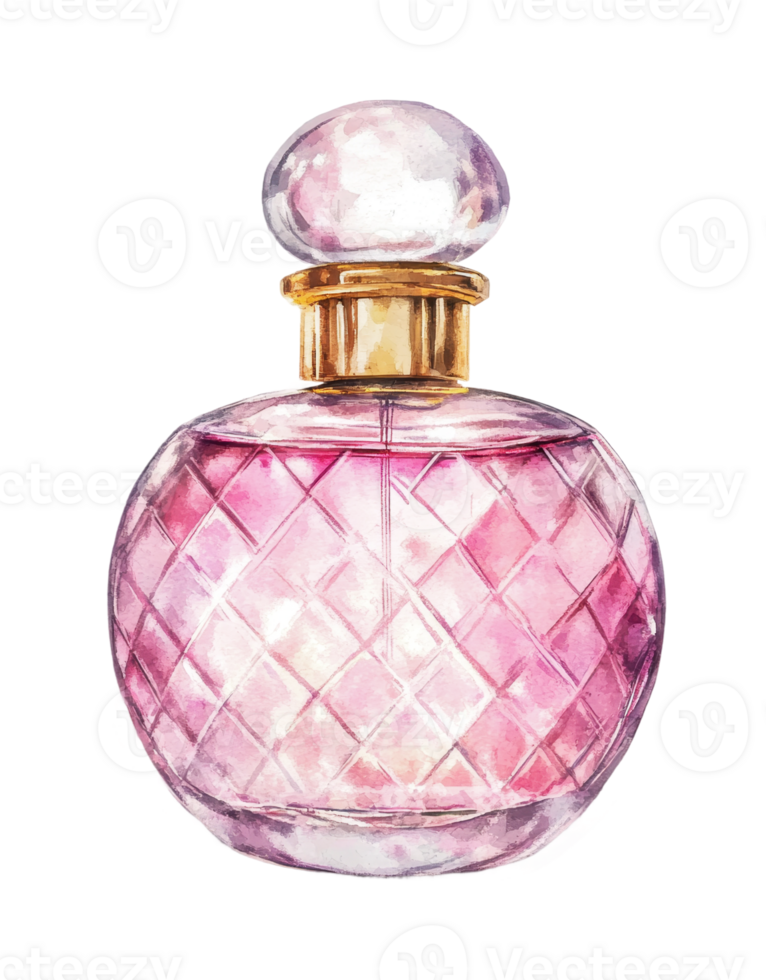Elegant pink perfume bottle with diamond pattern and golden cap png