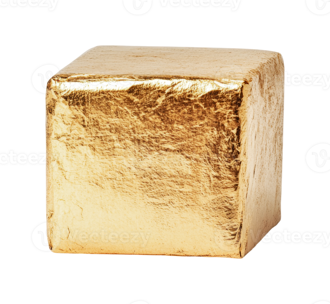 Shiny gold metallic cube with reflective surface on black background png