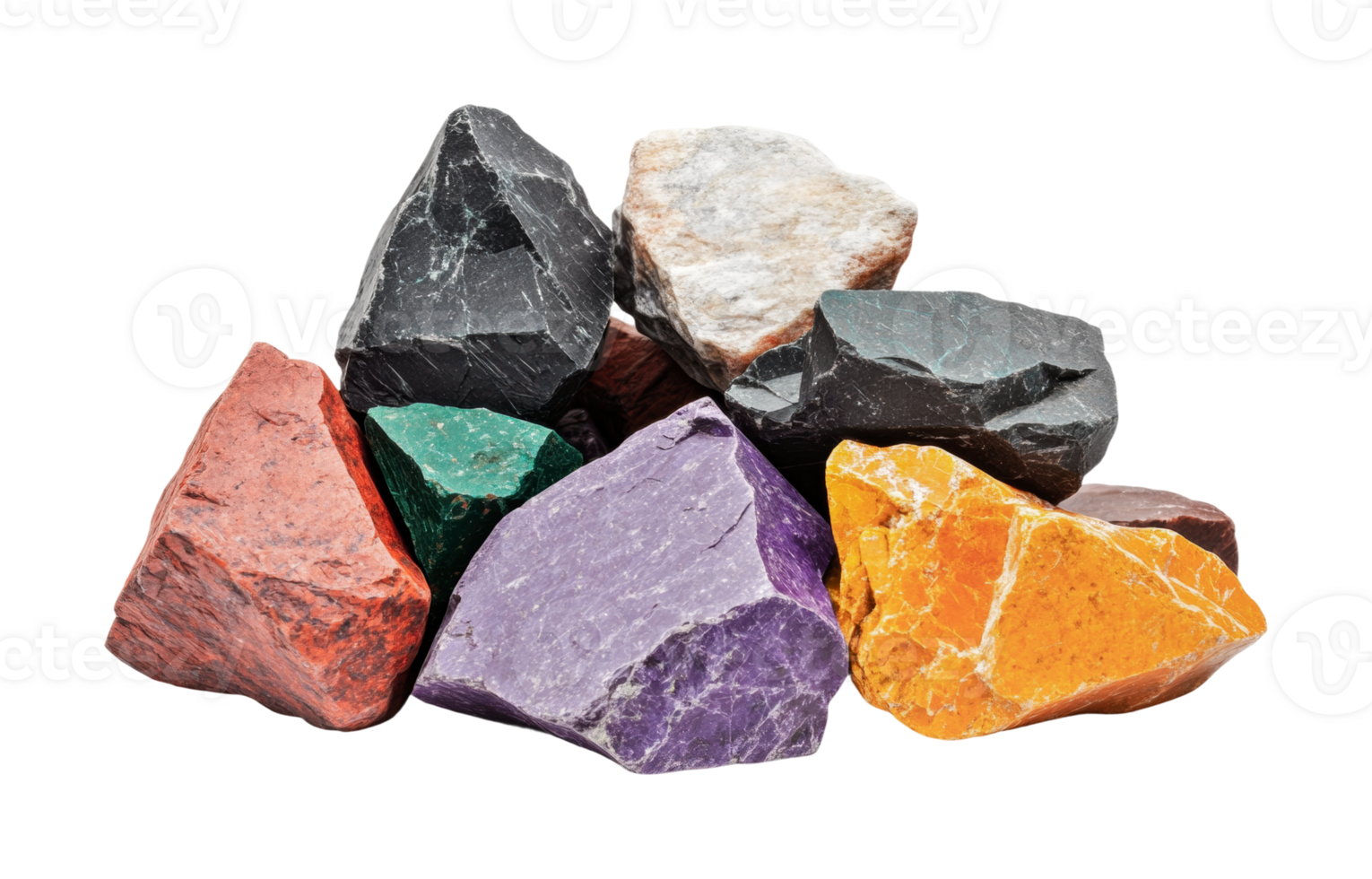 Colorful assortment of raw natural stones and minerals in various shapes png