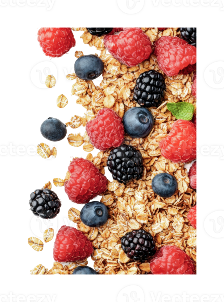 Fresh berries and granola mix with oats and mint on black background png