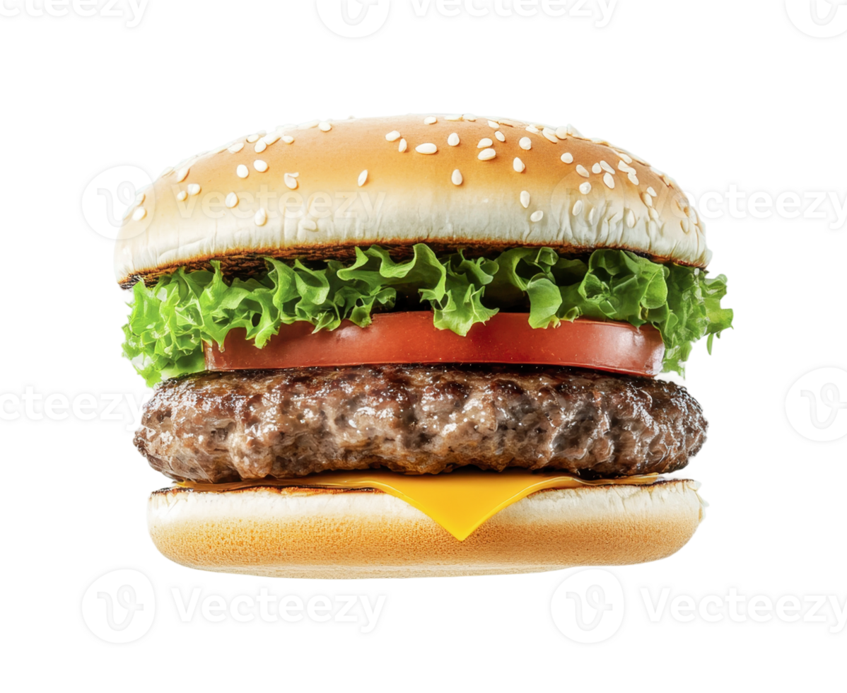 Delicious cheeseburger with lettuce, tomato, and sesame seed bun png