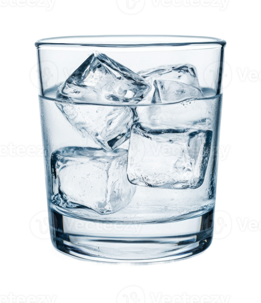 Clear glass of ice water with ice cubes on a transparent background png