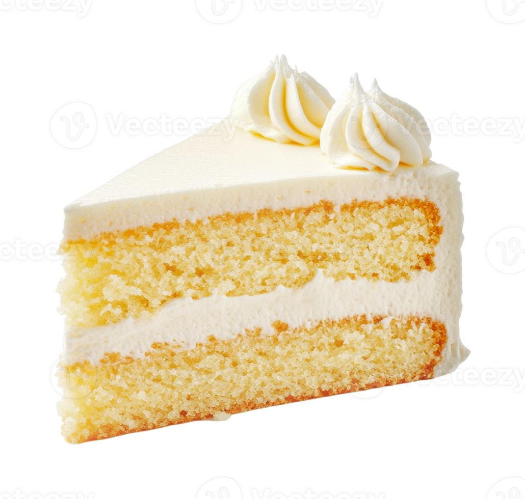 Delicious vanilla layer cake slice with creamy frosting on black background png