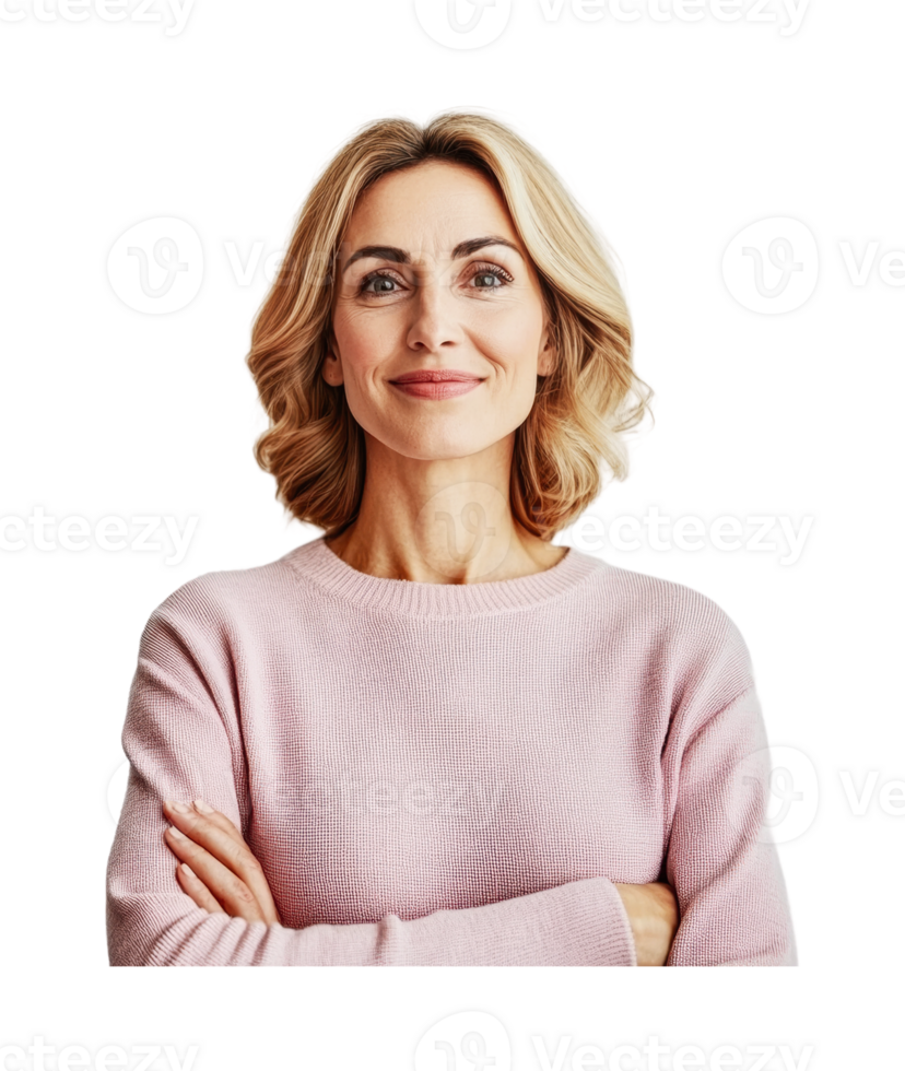 Confident mature caucasian female smiling with arms crossed in pink sweater png
