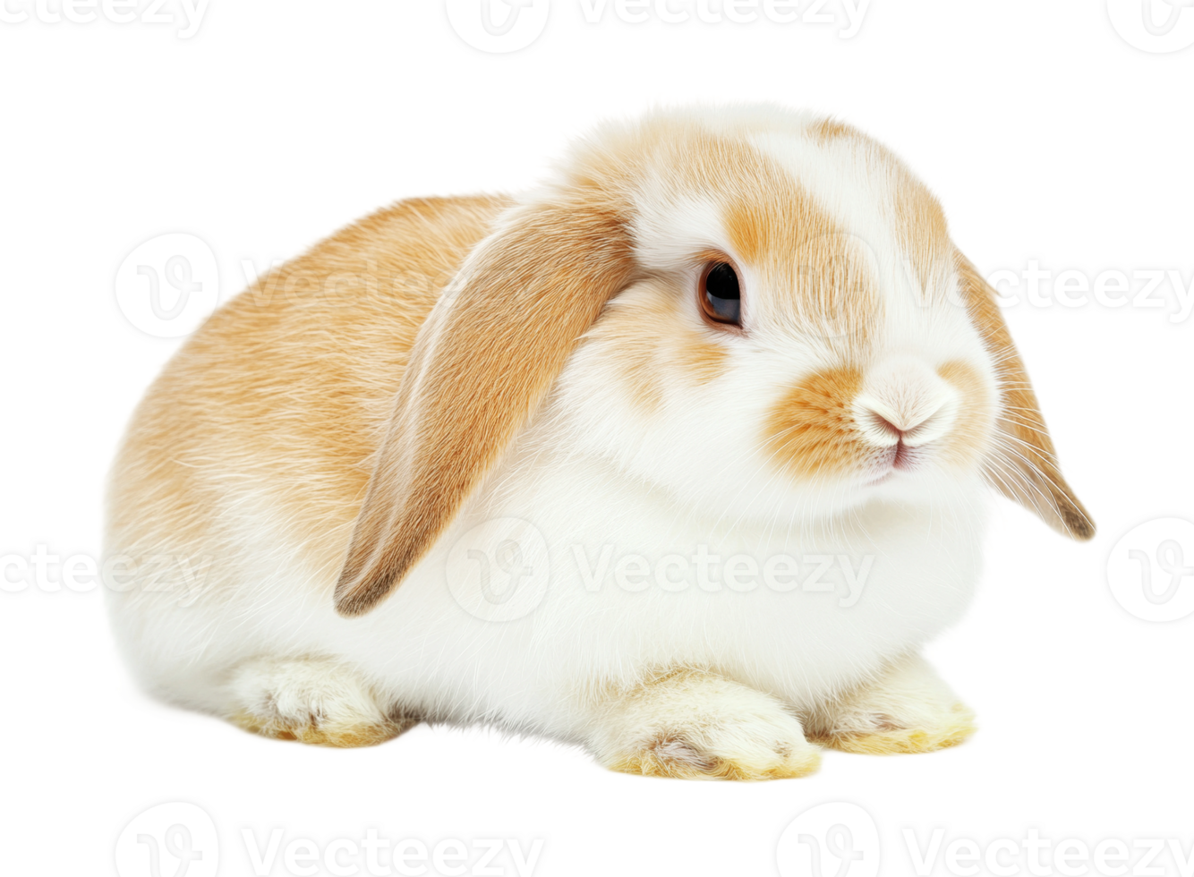 Adorable fluffy lop-eared rabbit sitting calmly on white background png