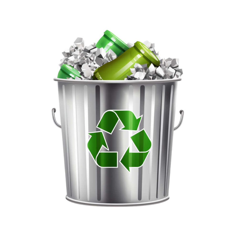 Metal trash can filled recyclable materials png