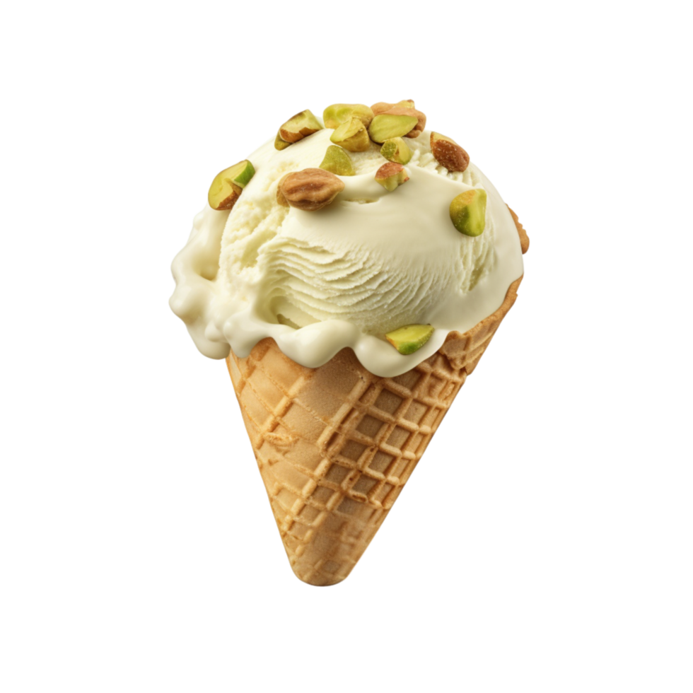 Creamy pistachio ice cream in a waffle cone png