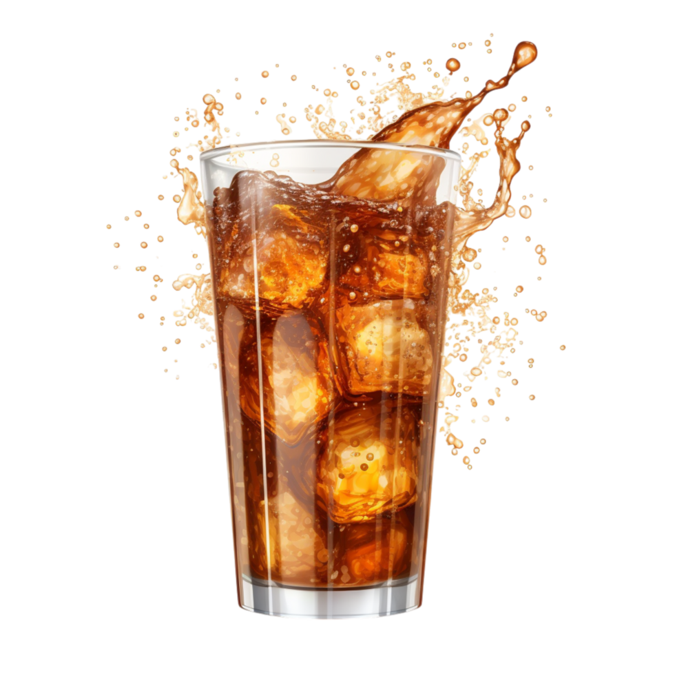 Reing glass of iced cola ice cubes png