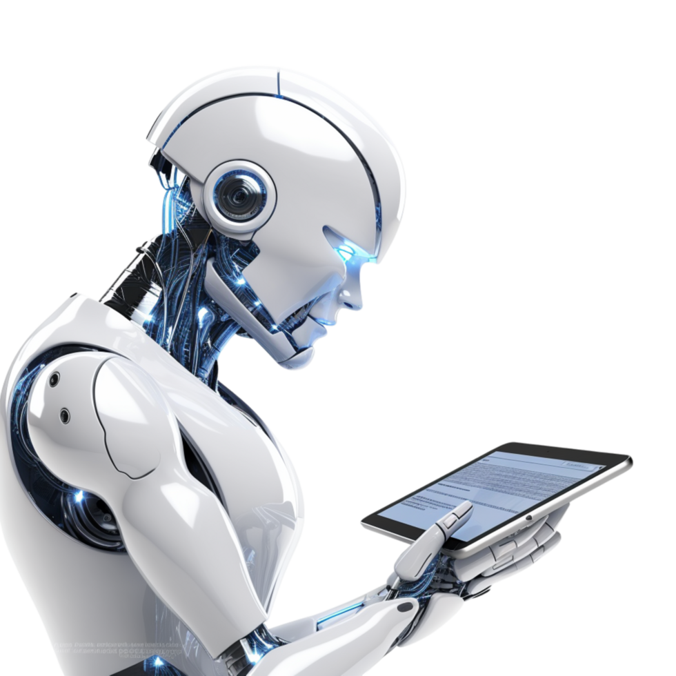 Futuristic humanoid robot using a digital tablet png
