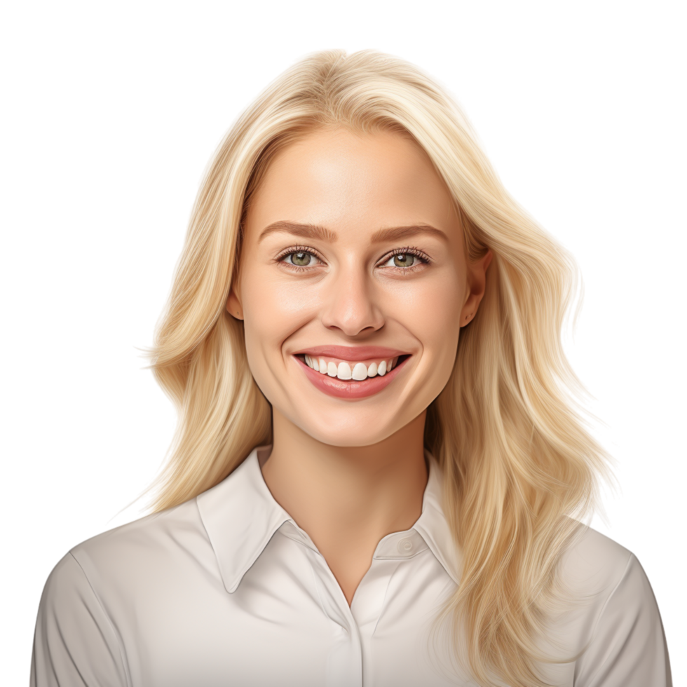 Blonde woman in a white shirt smiling confidence png