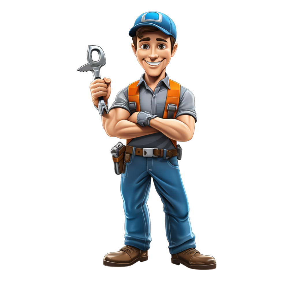 Friendly hyman in blue overalls holding a wrench confidently png