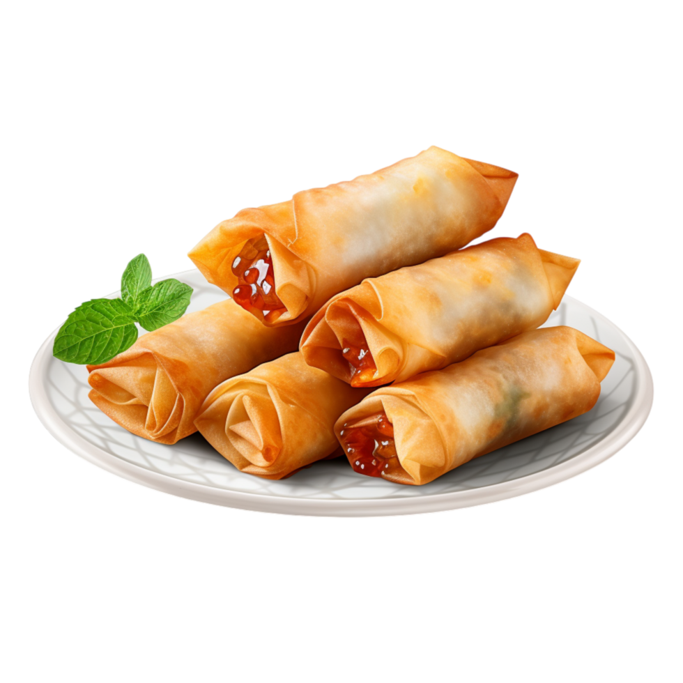 golden spring rolls served on a white plate png
