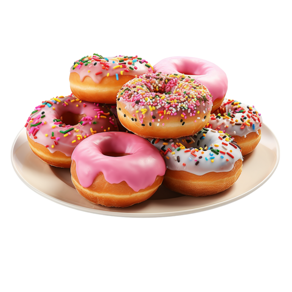 Plate of colorful doughnuts covered in sprinkles icing png