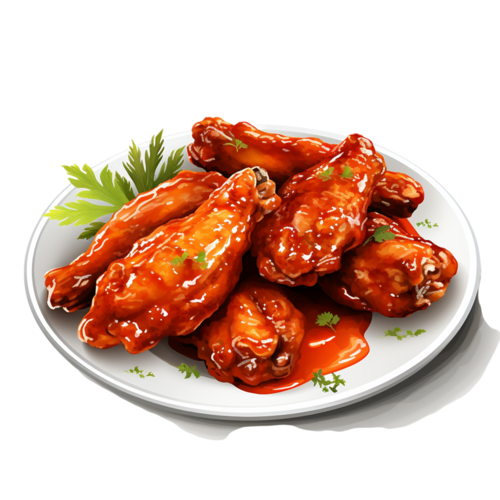 Plate of spicy buffalo chicken wings garnished herbs png