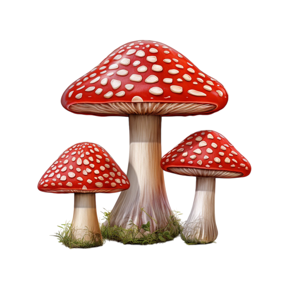 Cluster of red white spotted mushrooms growing on grass png