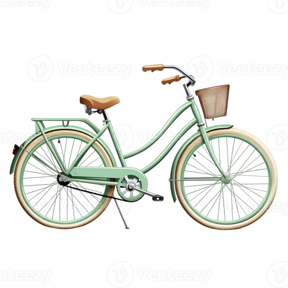 Vintage green bicycle a brown seat a small front basket png
