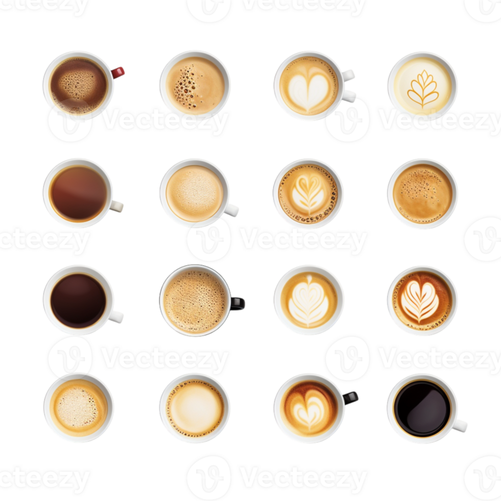 Assortment of coffee cups different latte espresso levels png