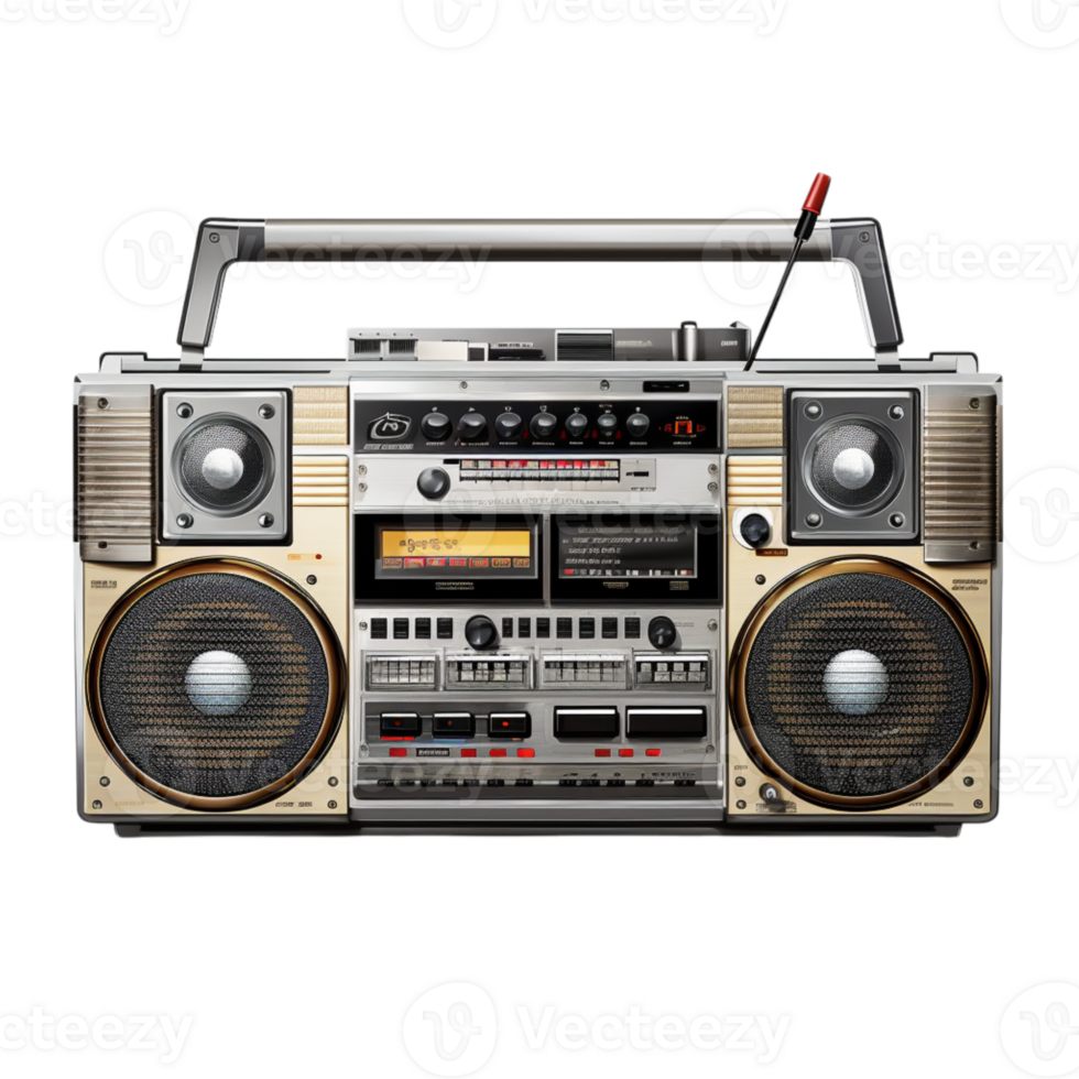 Silver black retro boombox two large speakers a cassette deck png