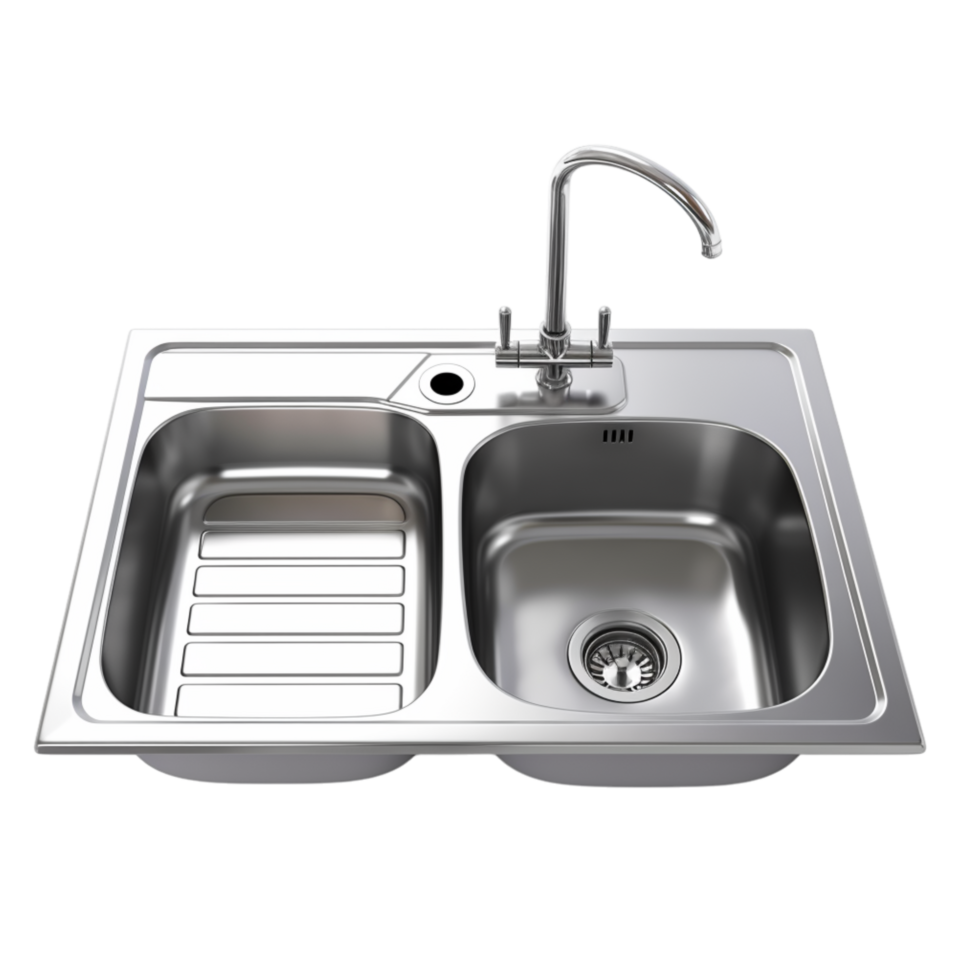 stainless steel kitchen sink a shiny faucet a drying rack png