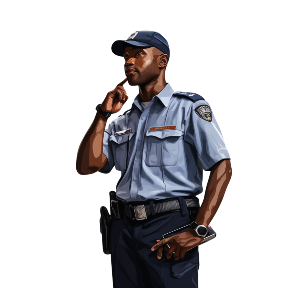 Security guard in uniform talking on a walkie talkie png