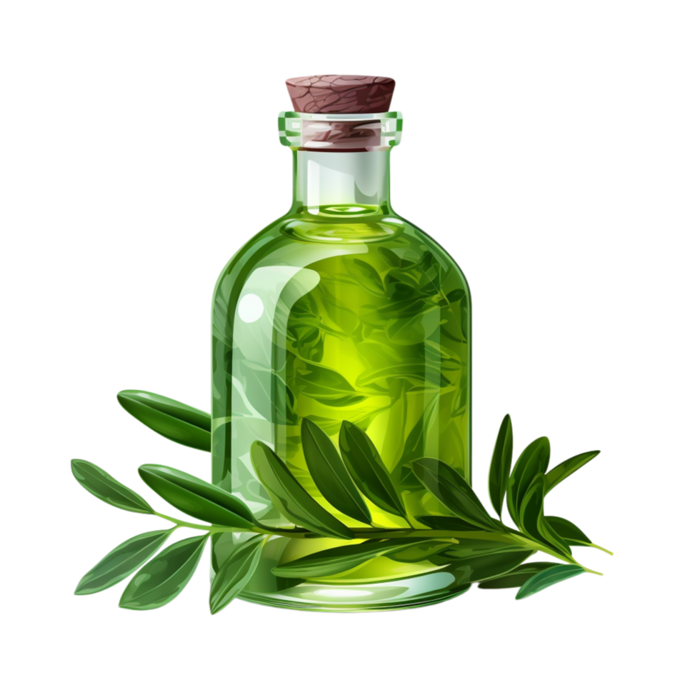 Small green glass bottle filled herbal oil surrounded by leaves png