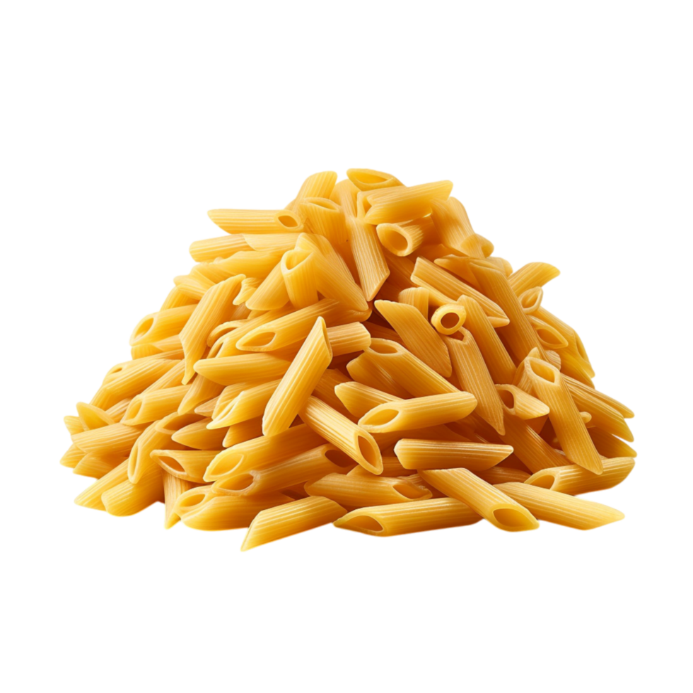 Pile of uncooked yellow penne pasta scattered on a white surface png