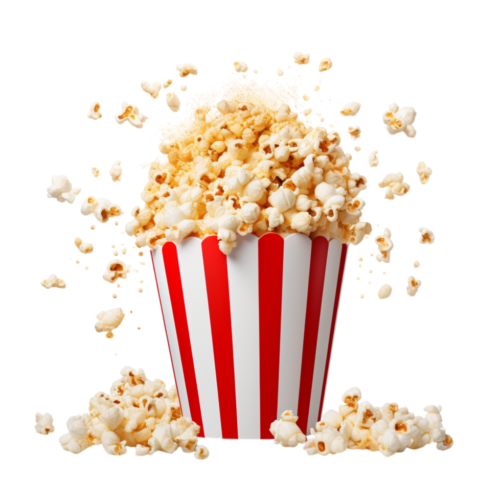 Red white striped popcorn bucket filled ly popped popcorn png