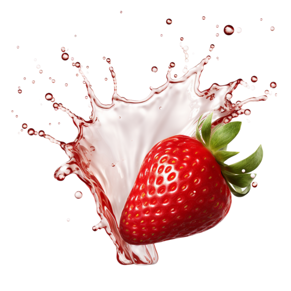 red strawberry splashing into clear water tiny droplets flying png
