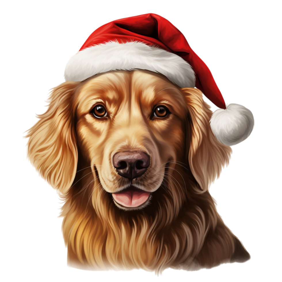 Golden retriever wearing a red white Santa hat a happy expression png