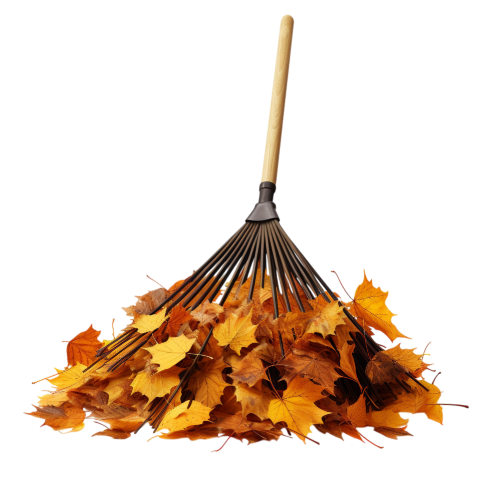 Wooden rake a pile of autumn leaves gathered neatly on the ground png
