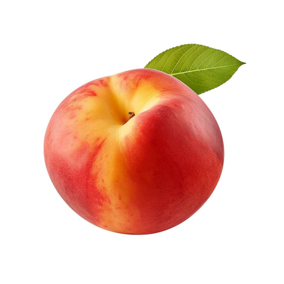 Ripe peach a red yellow gradient a green leaf png