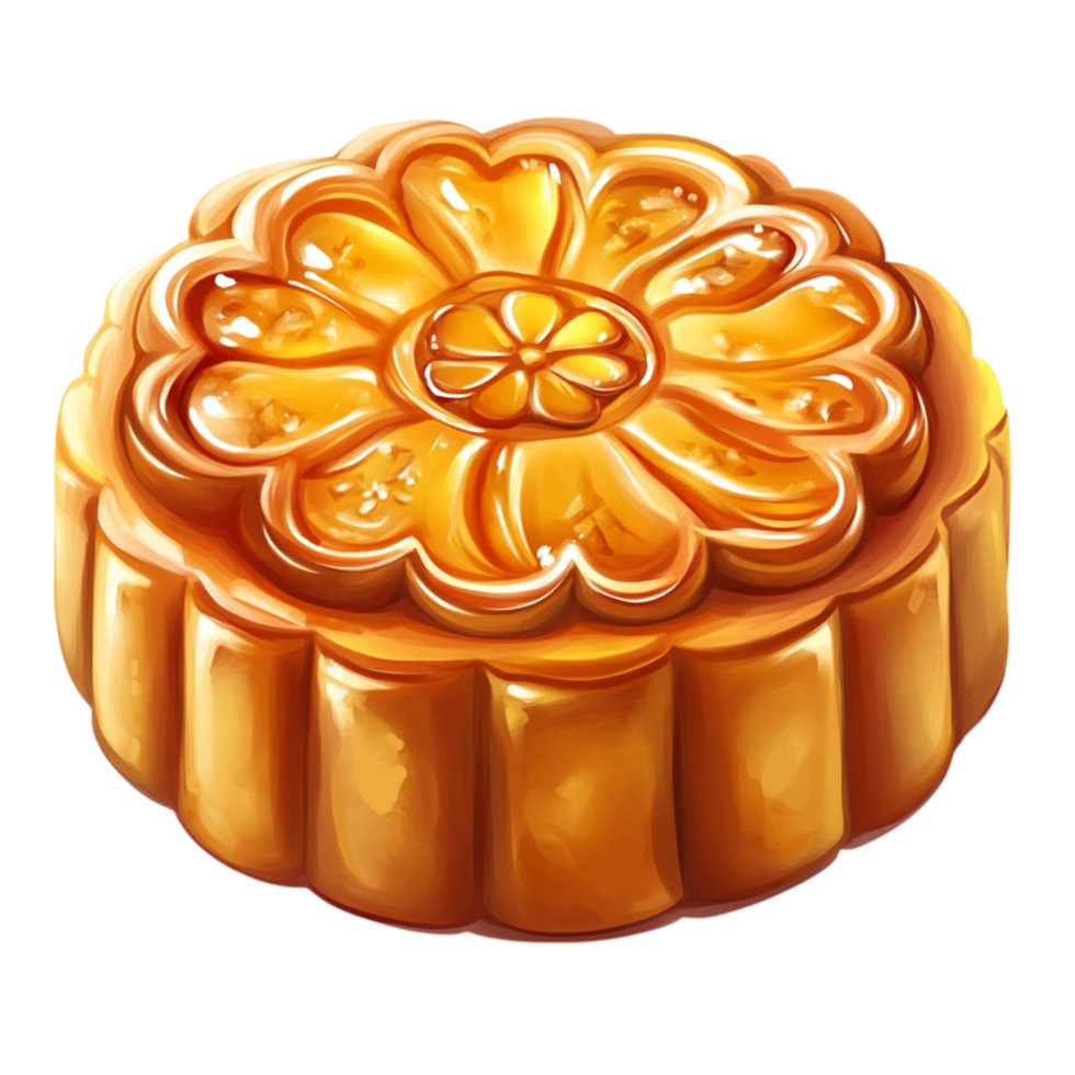 Traditional golden mooncake an intricate floral pattern on top png