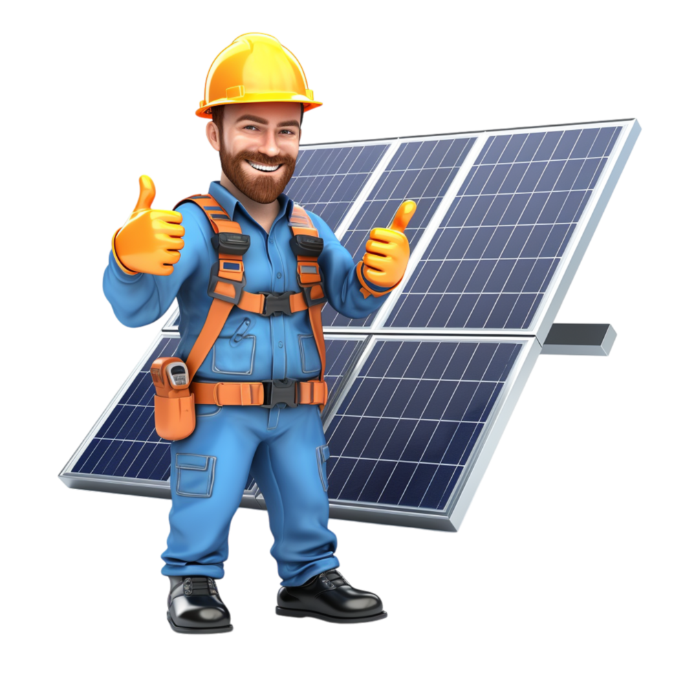 Happy construction worker giving thumbs up while sting beside solar panels png