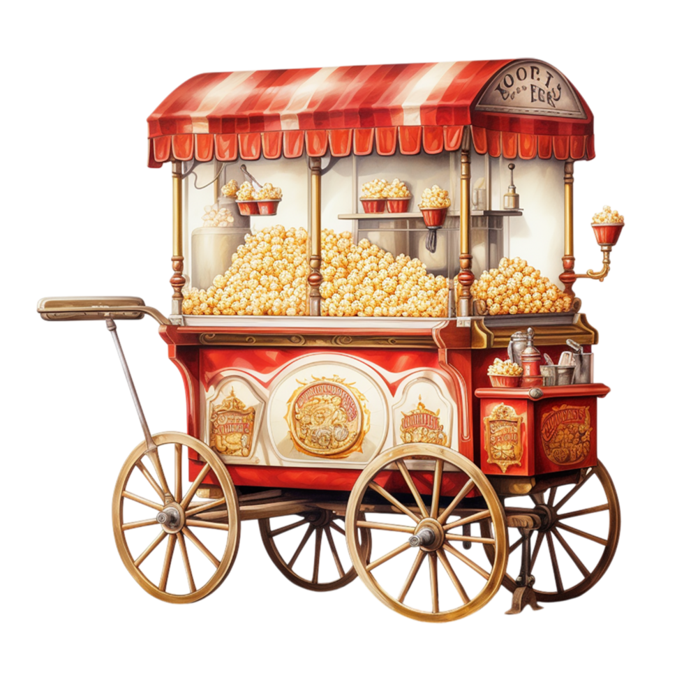 Antique popcorn cart intricate golden details a glass display png