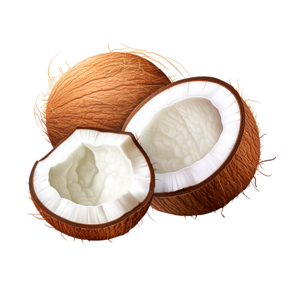 brown coconut split open revealing its white edible flesh png