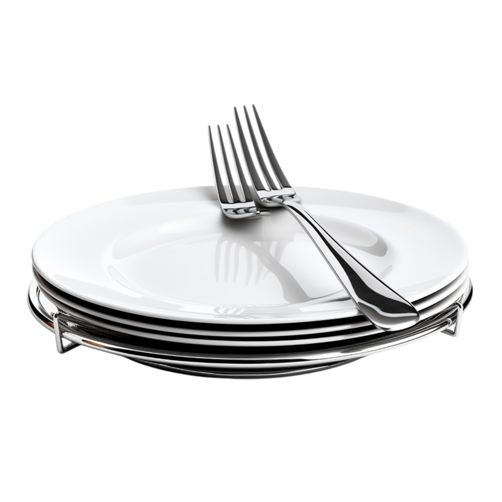 Stacked white plates silver forks neatly placed on top png