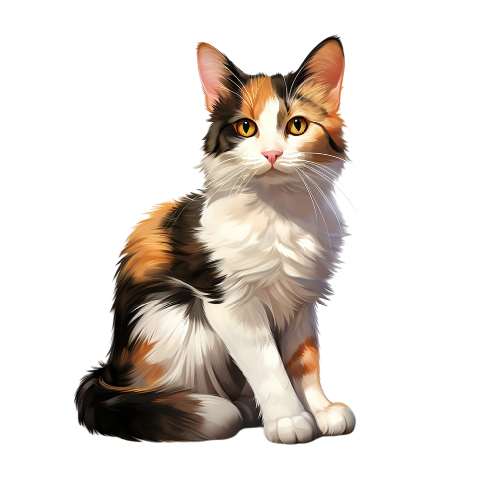 Fluffy calico cat sitting a curious expression fur png