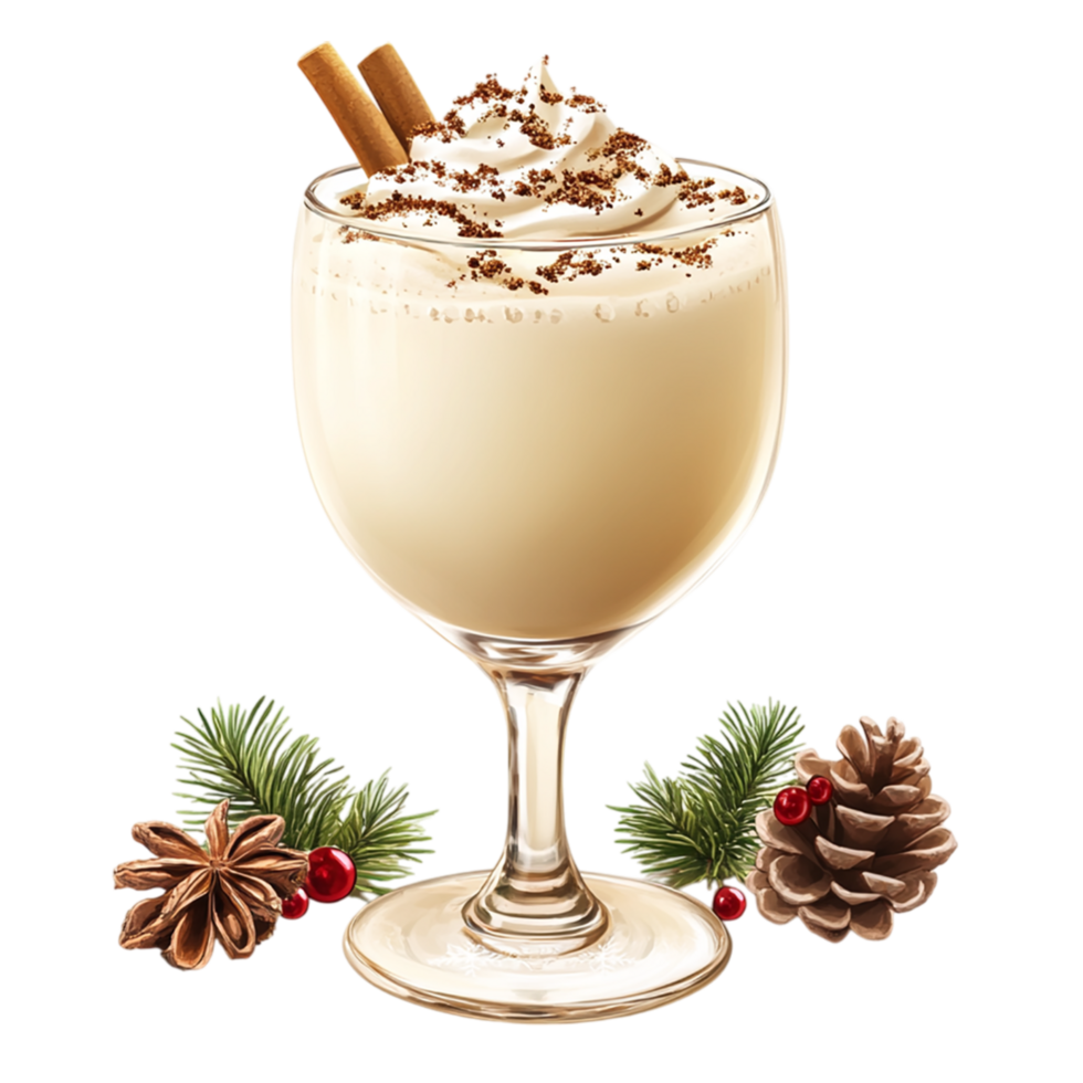 Creamy eggnog in a glass topped cinnamon sticks png