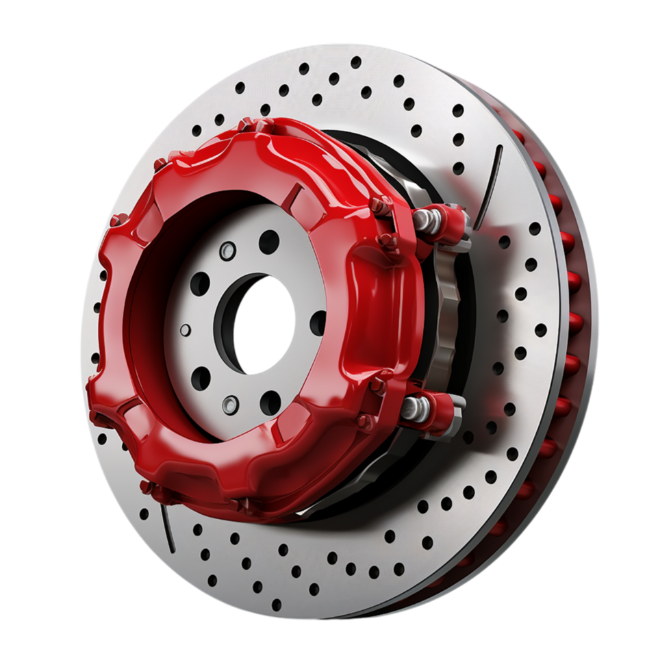 High performance red brake caliper attached to a perforated disc png