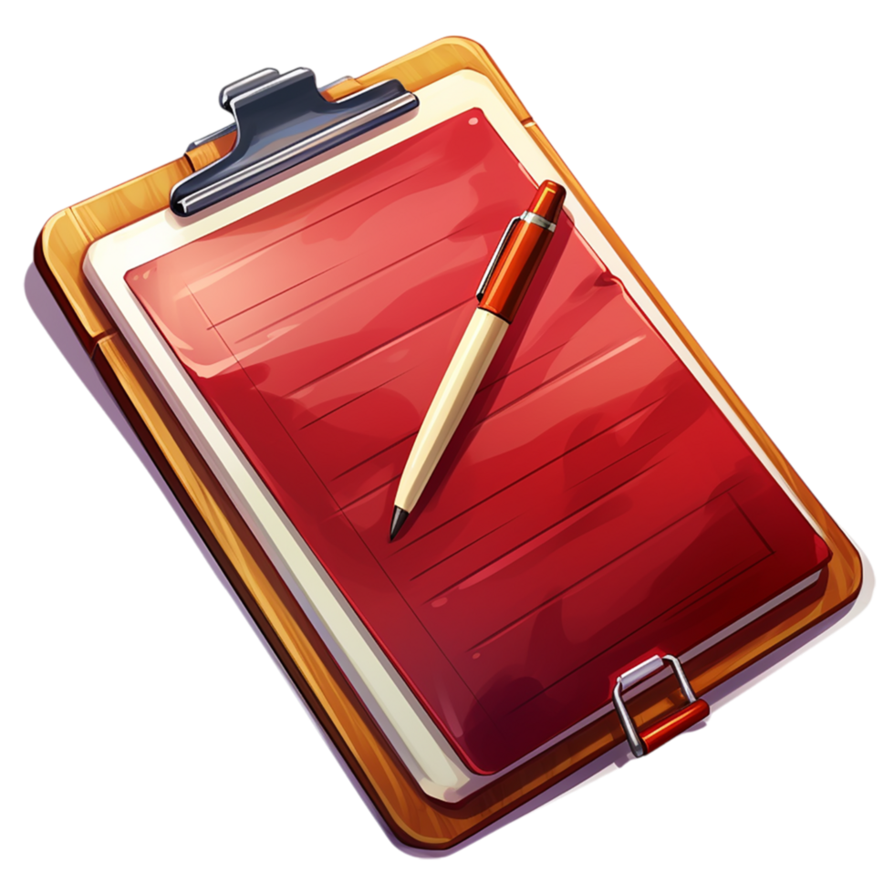Wooden clipboard a red document a pen resting on top png