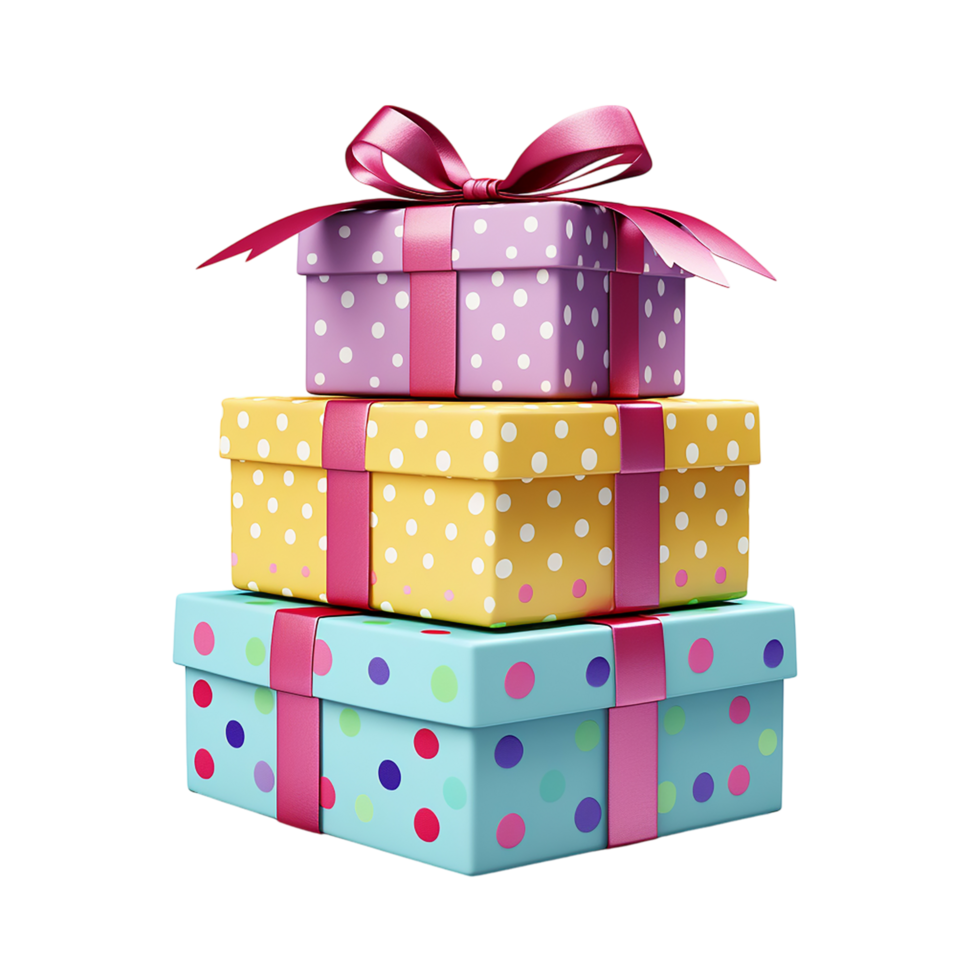 Stack of colorful gift boxes wrapped a pink ribbon bow png