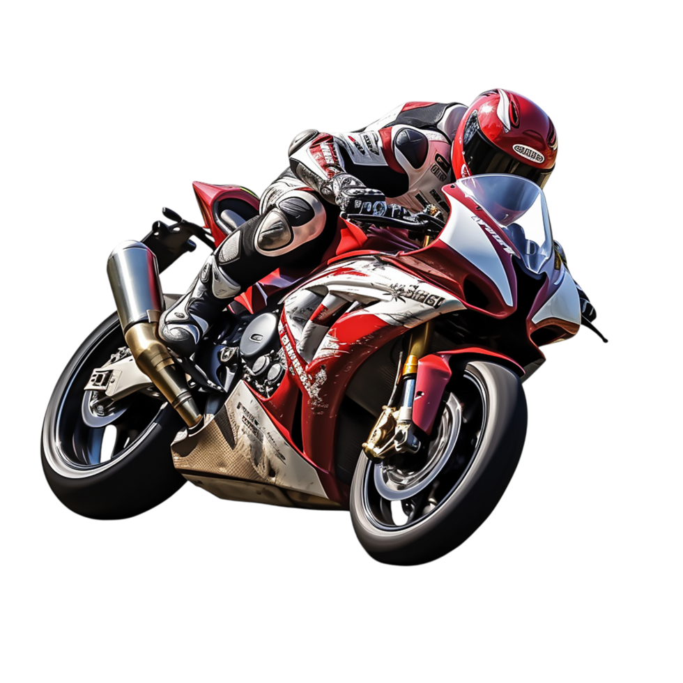 Speeding motorcycle racer leaning sharply in a dynamic action pose png