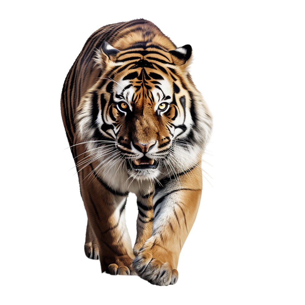 Powerful tiger walking forward an intense focused gaze png