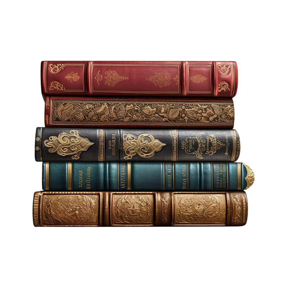 Stack of antique bound books intricate gold detailing png