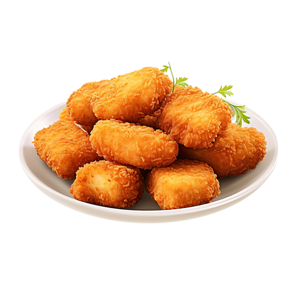 Plate of golden brown croquettes garnished herbs png